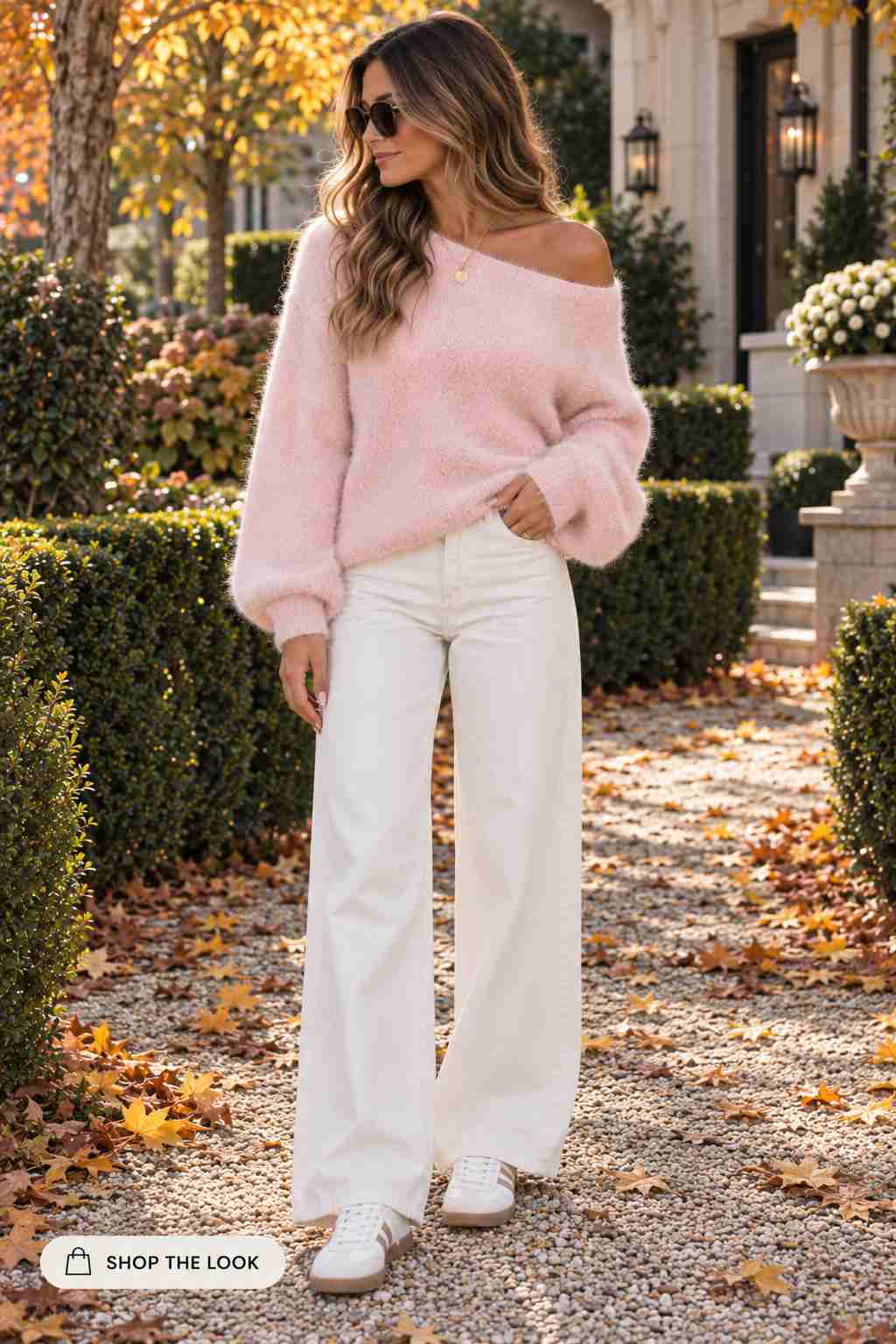 Woman in pink off-shoulder sweater with cream wide-leg jeans