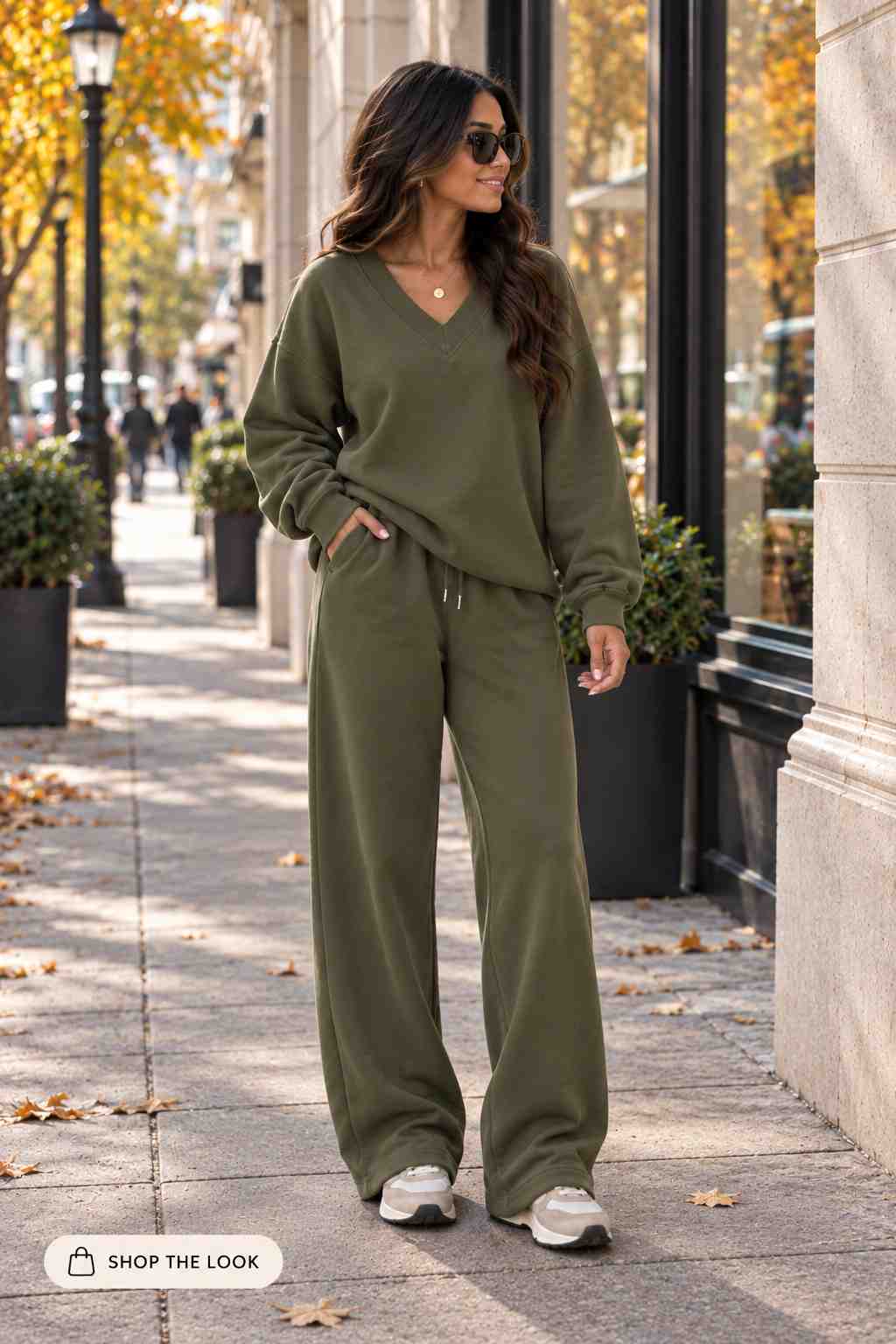 Woman in matching olive oversized sweatshirt and wide-leg sweatpants set
