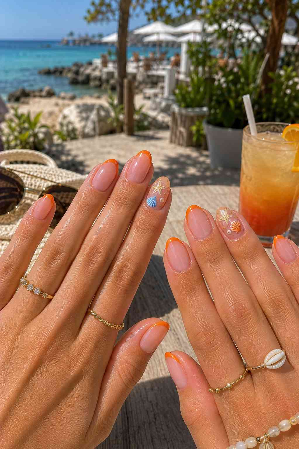 Clean orange French tip nails with small gold starfish and shell charm accents