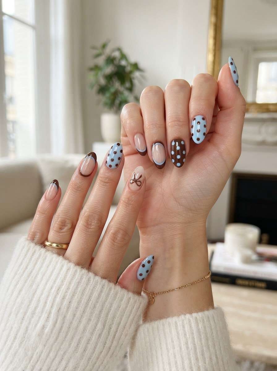 Brown and blue outline french nails with bow accent