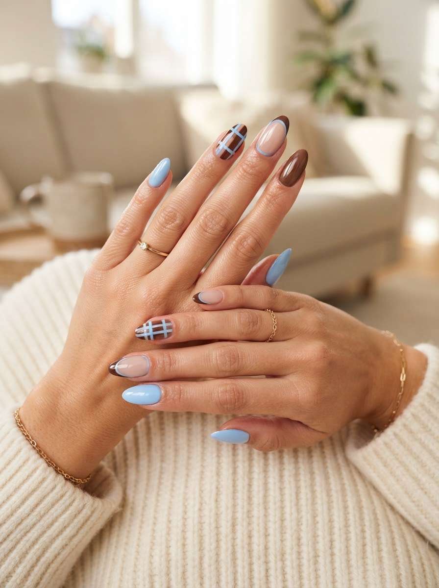 Blue nails with brown outlined french tips and plaid accent