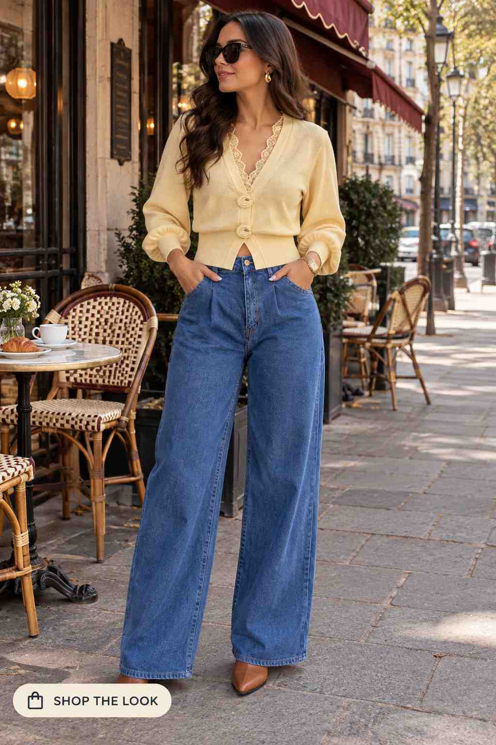 Pale yellow lace-trim cardigan with dark wash pleated wide-leg jeans