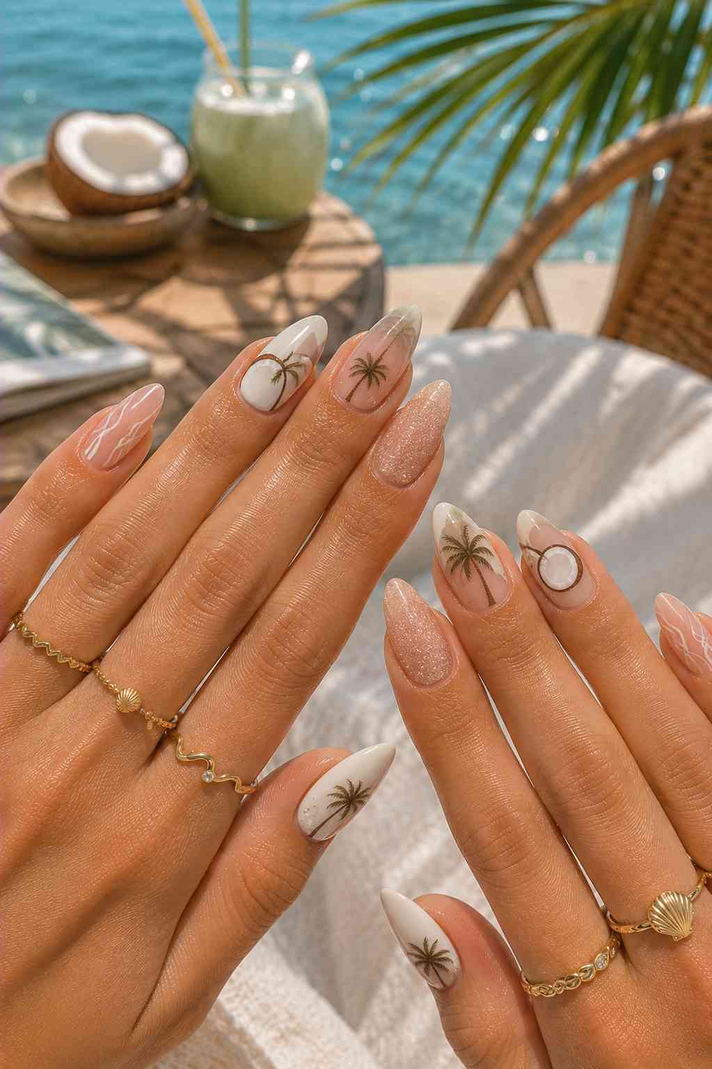 Nude and white almond nails with hand-painted palm trees, a coconut design, and a glittery marbled accent nail