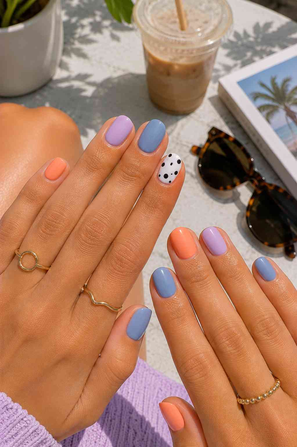 Lavender, blue, and orange color block nails with a white polka dot accent nail