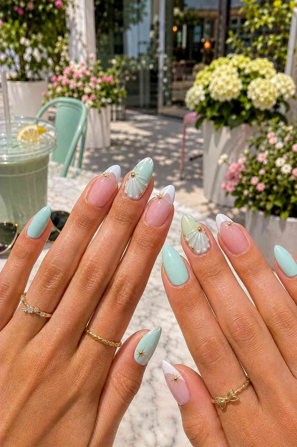 Solid mint and white French nails with a sculpted pearl shell fan and gold sunburst charm accent