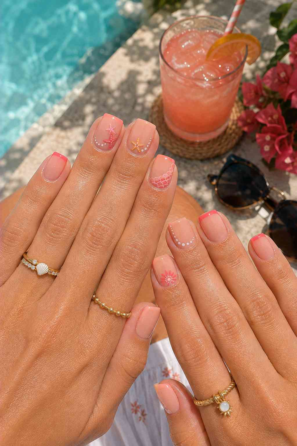 Peach French tip nails with starfish charm and mermaid scale detail
