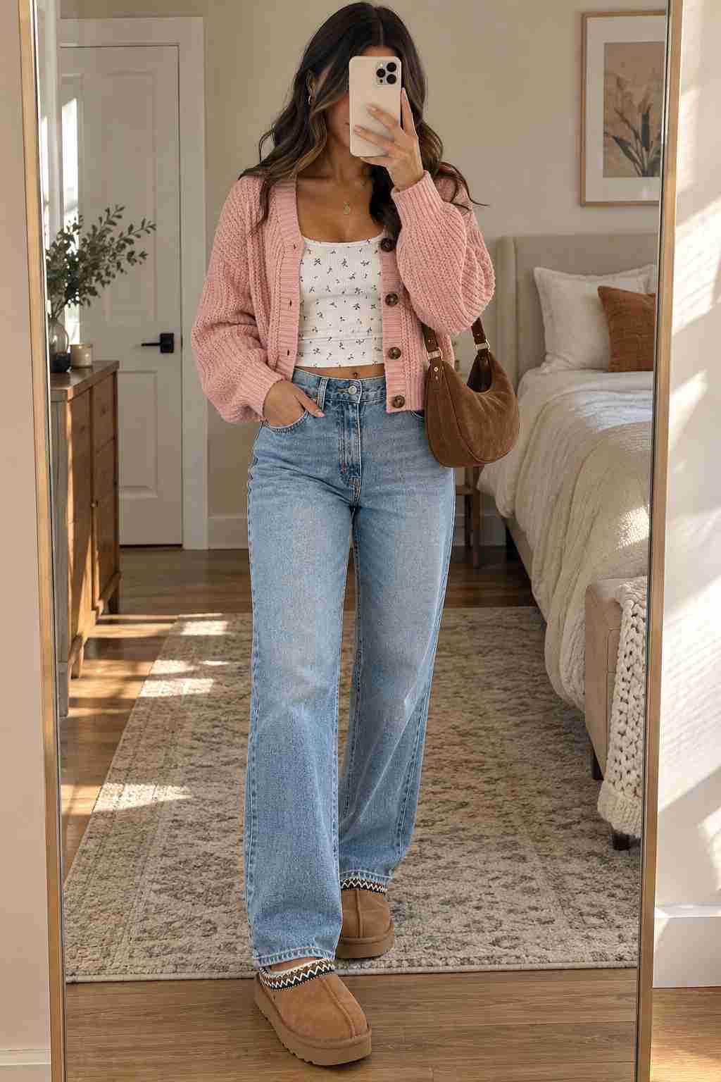Pink chunky cardigan over a floral cami with wide-leg jeans and platform boots