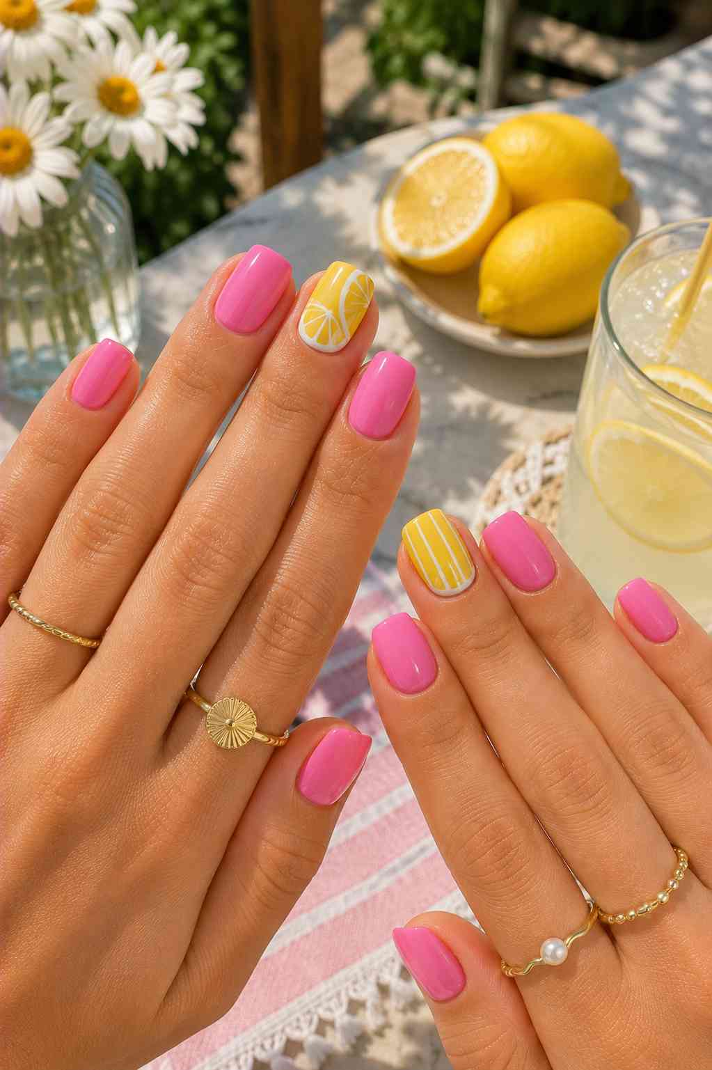 Pink glossy nails with a hand-painted lemon slice accent nail and yellow striped nail