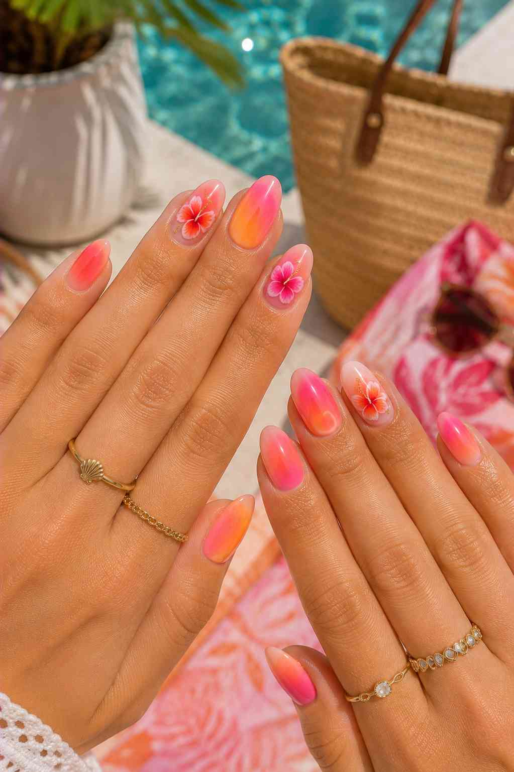 Pink to orange ombré nails with hand-painted hibiscus flower accents