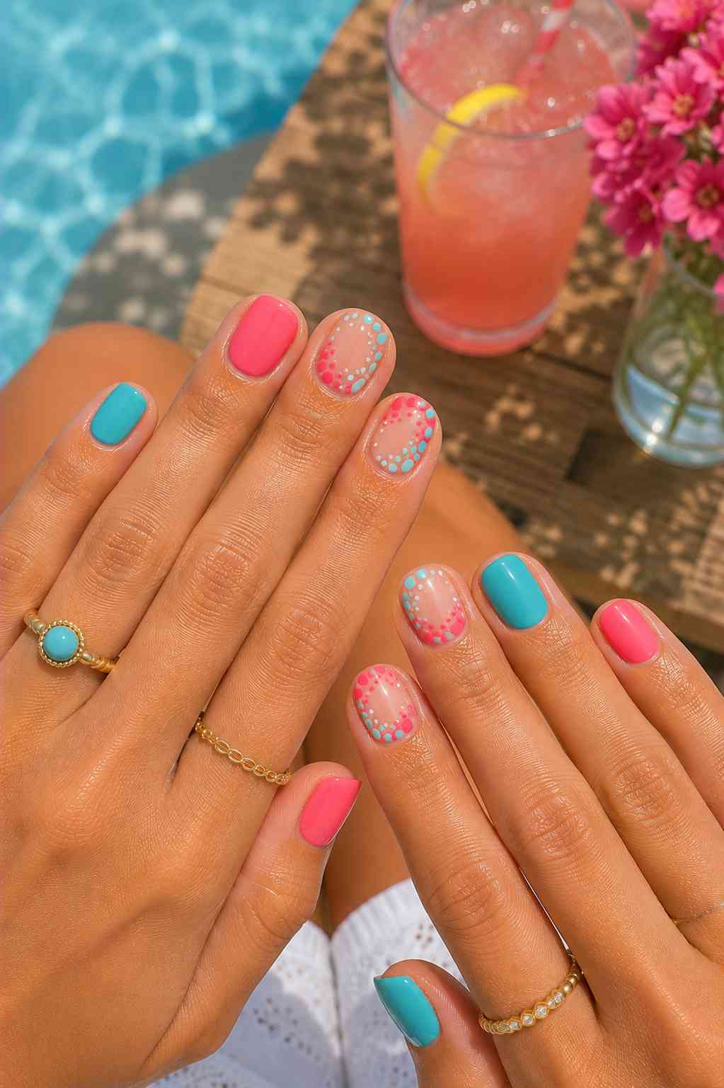 Pink and turquoise nails with confetti dot cluster accent design