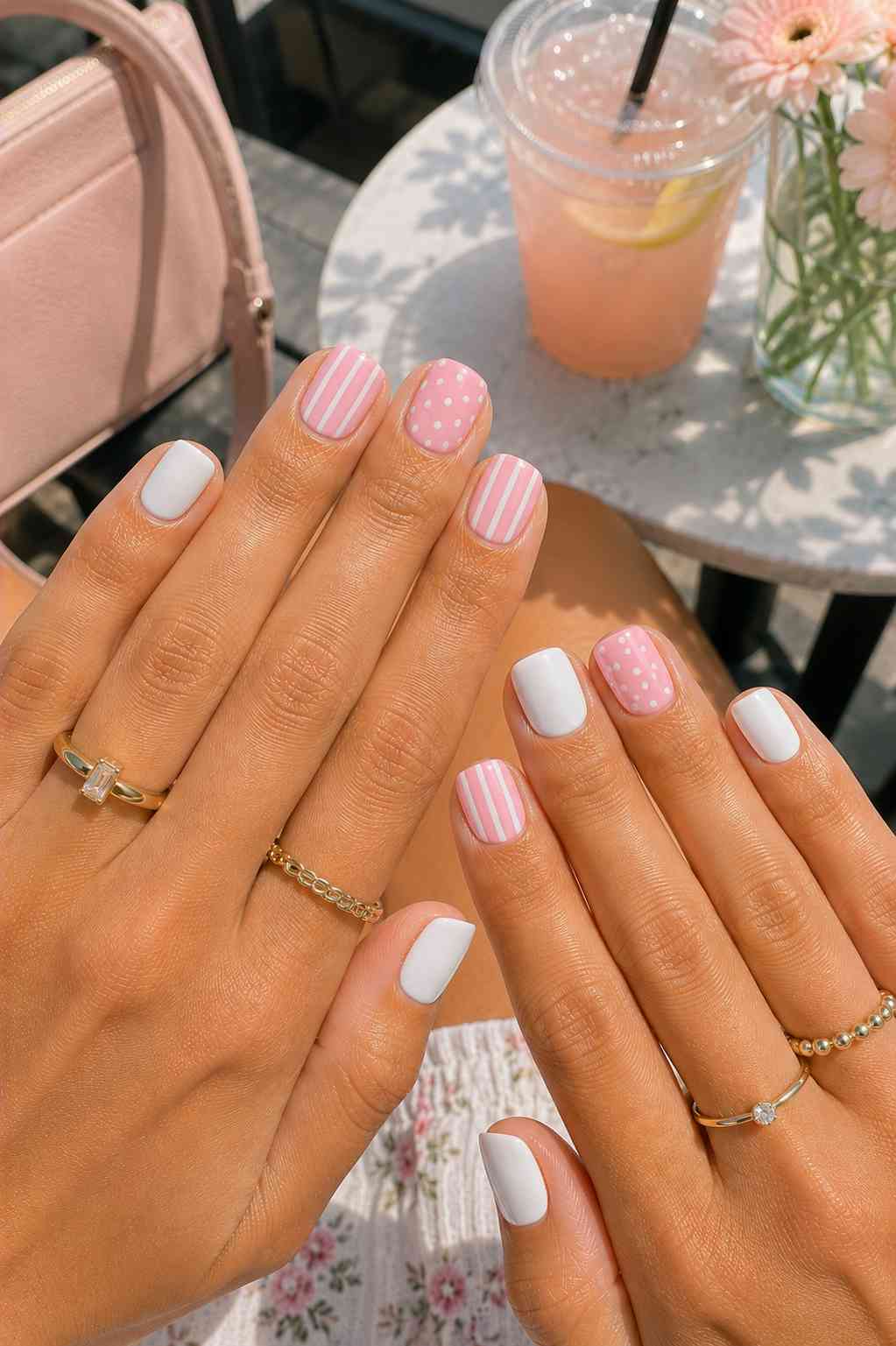 Pink and white nails with striped and polka dot accent designs