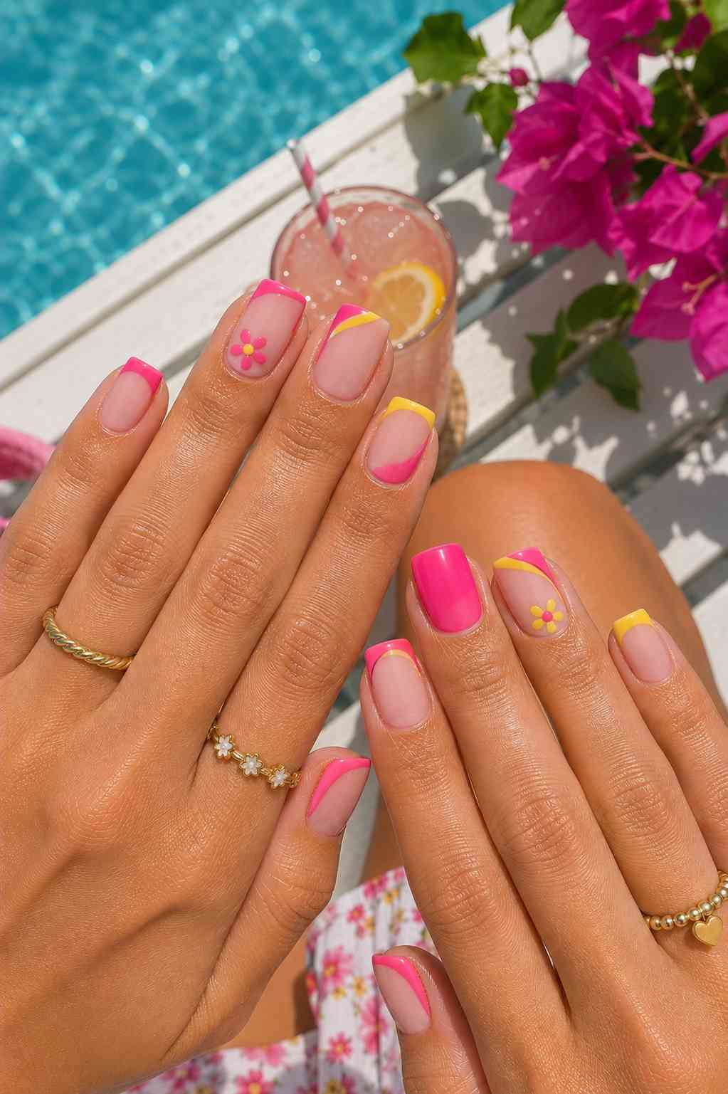 Pink and yellow French tip nails with hand-painted daisy accents