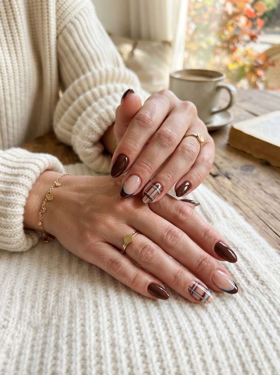 Brown nails with blue outlined french tip and plaid accent