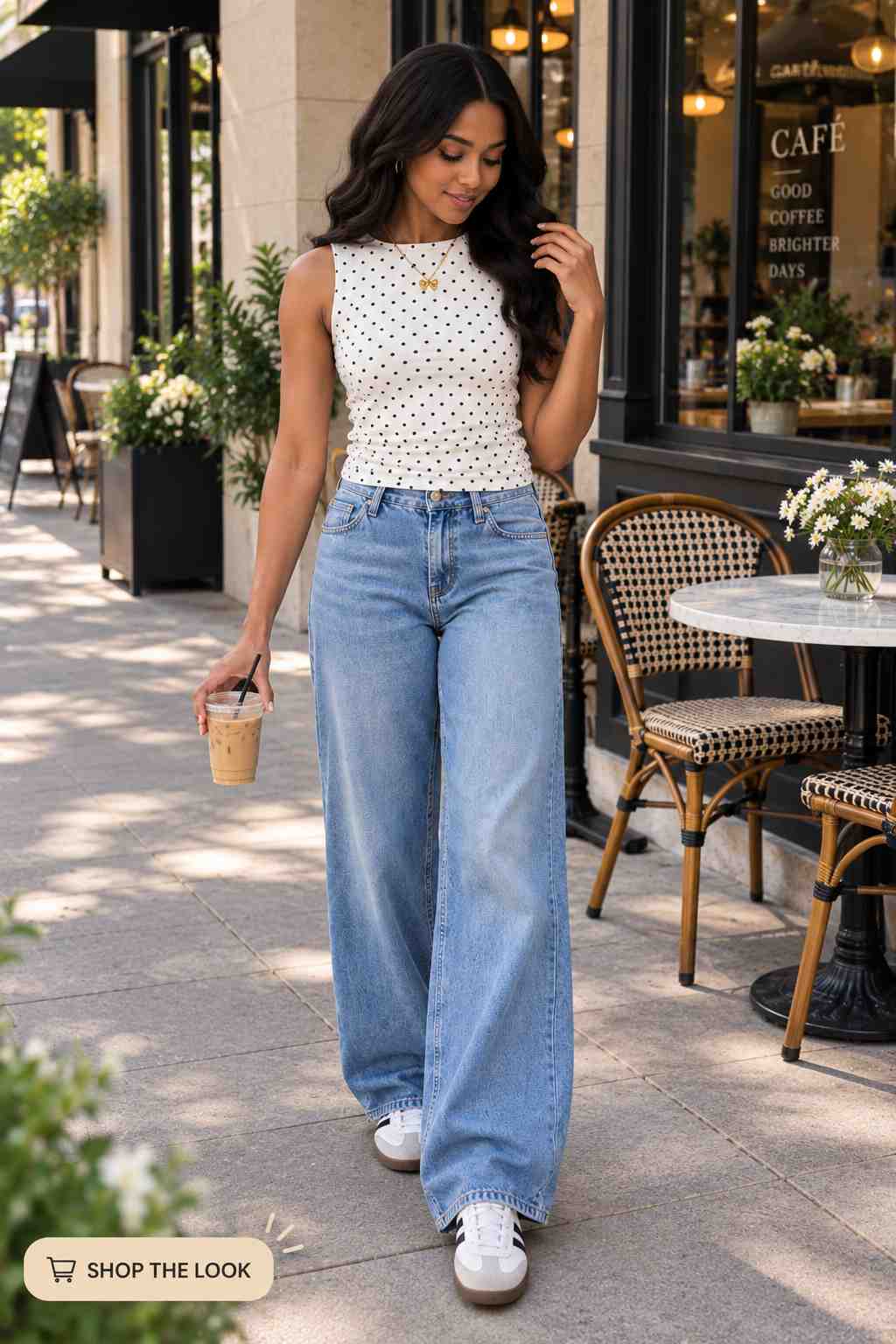 White polka dot tank top with light wash wide-leg jeans