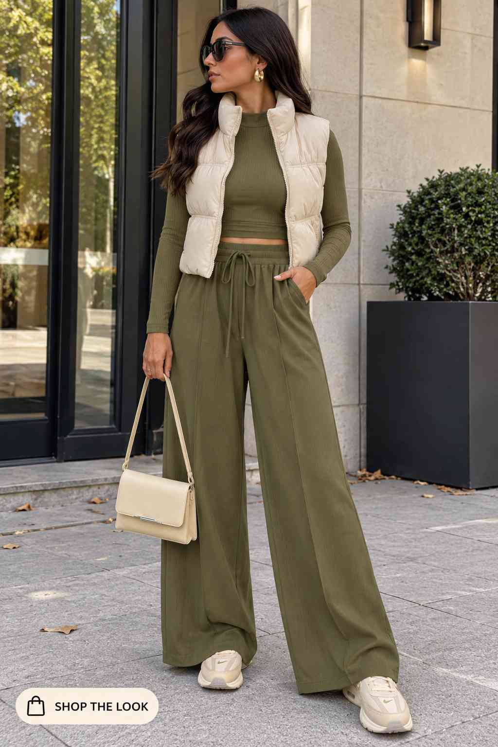 Cream puffer vest layered over a matching olive green ribbed top and wide-leg pants