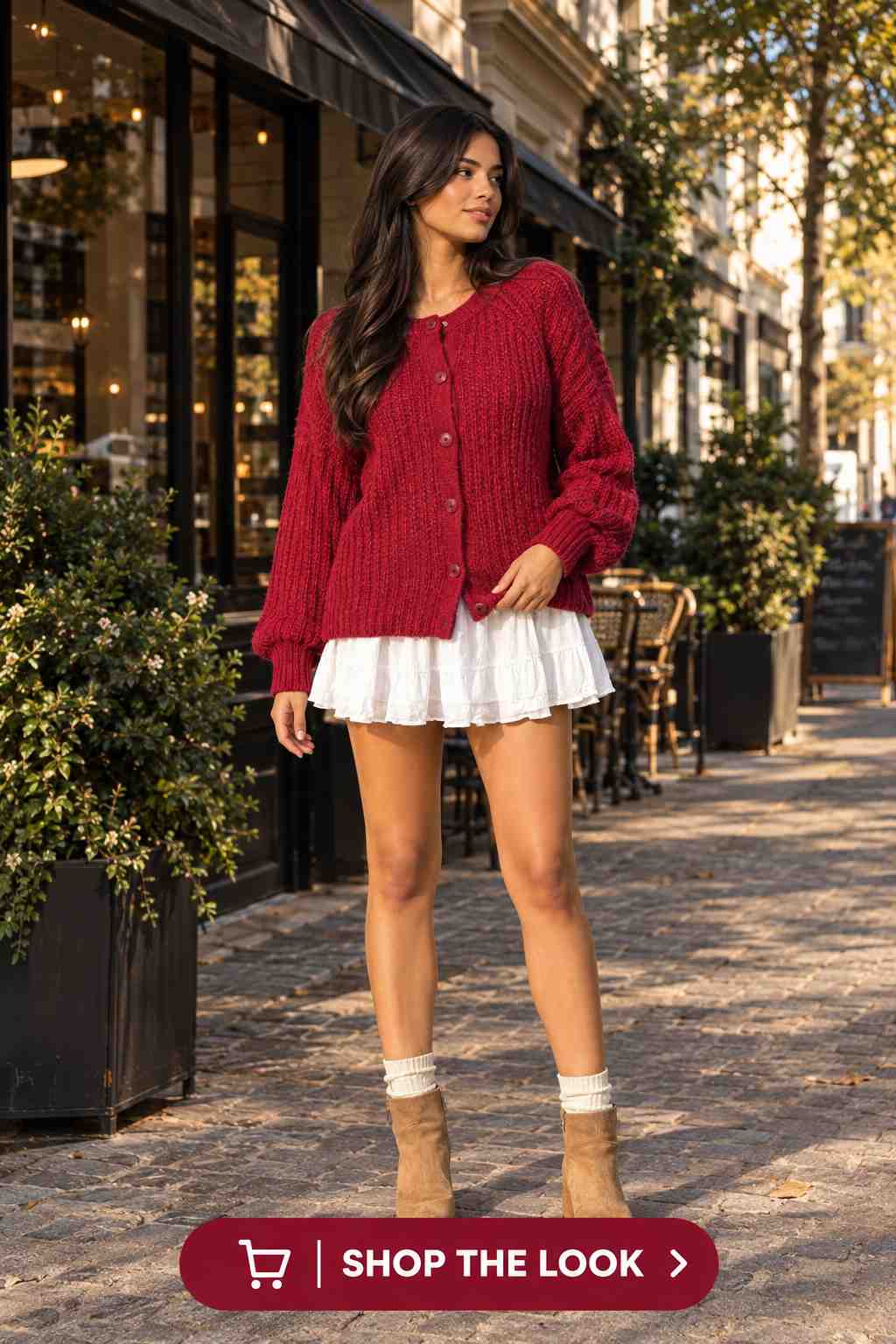 Woman in chunky red cardigan with white ruffle mini skirt and suede booties