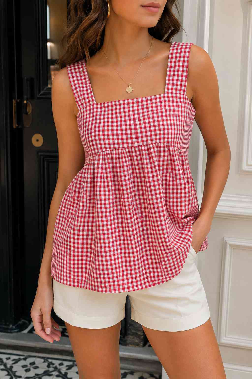 Red and white gingham babydoll tank top, styled with cream shorts