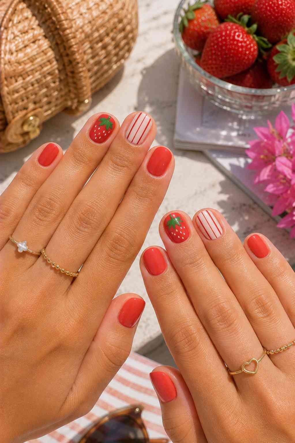 Red nails with hand-painted strawberry accent nails and red and white striped nail