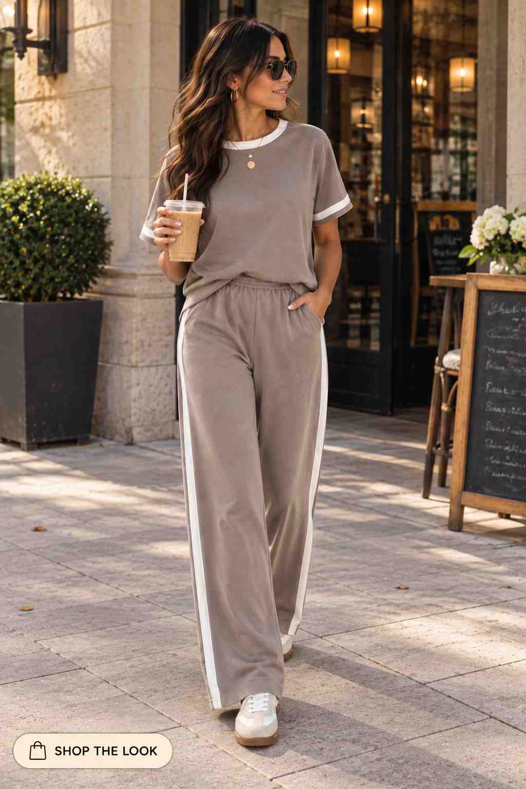 Woman in taupe ringer tee and matching two-tone wide-leg pants set