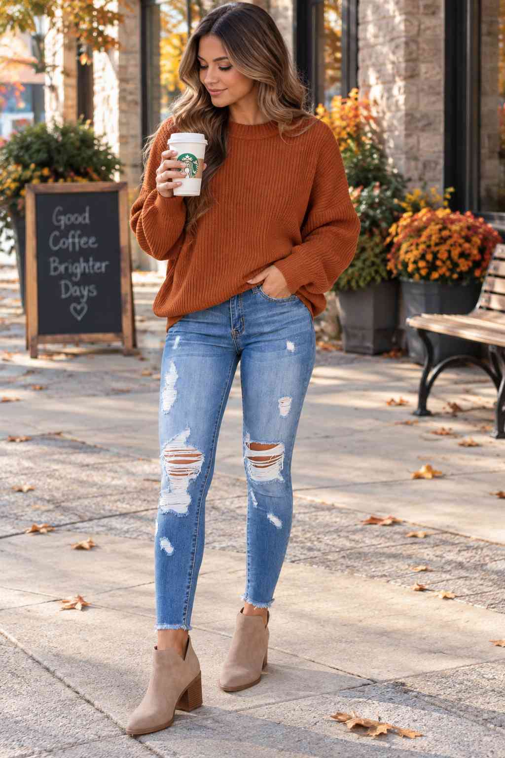 Rust colored oversized sweater with ripped skinny jeans and taupe suede ankle booties