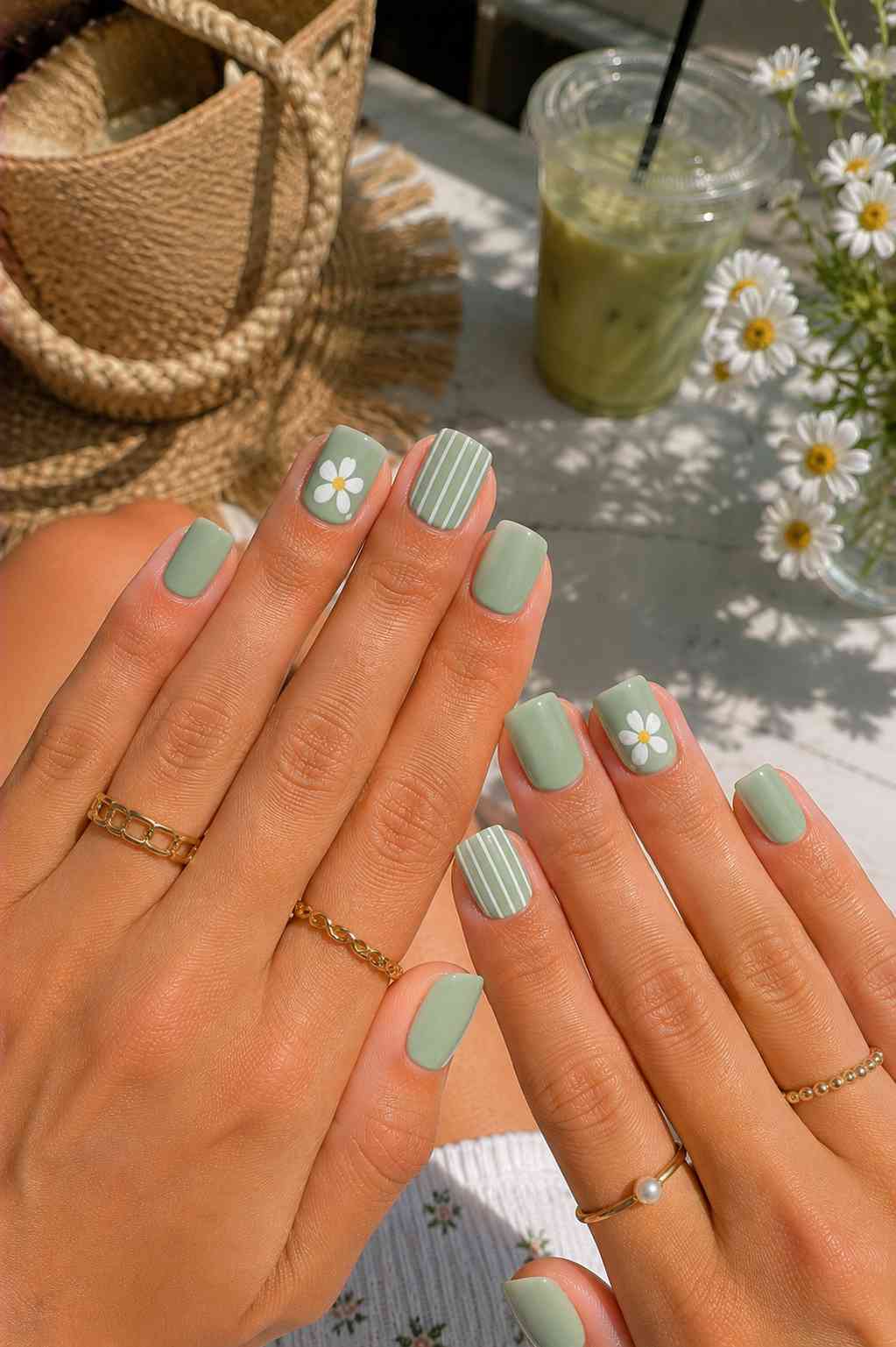 Sage green nails with hand-painted white daisy accents and striped nail