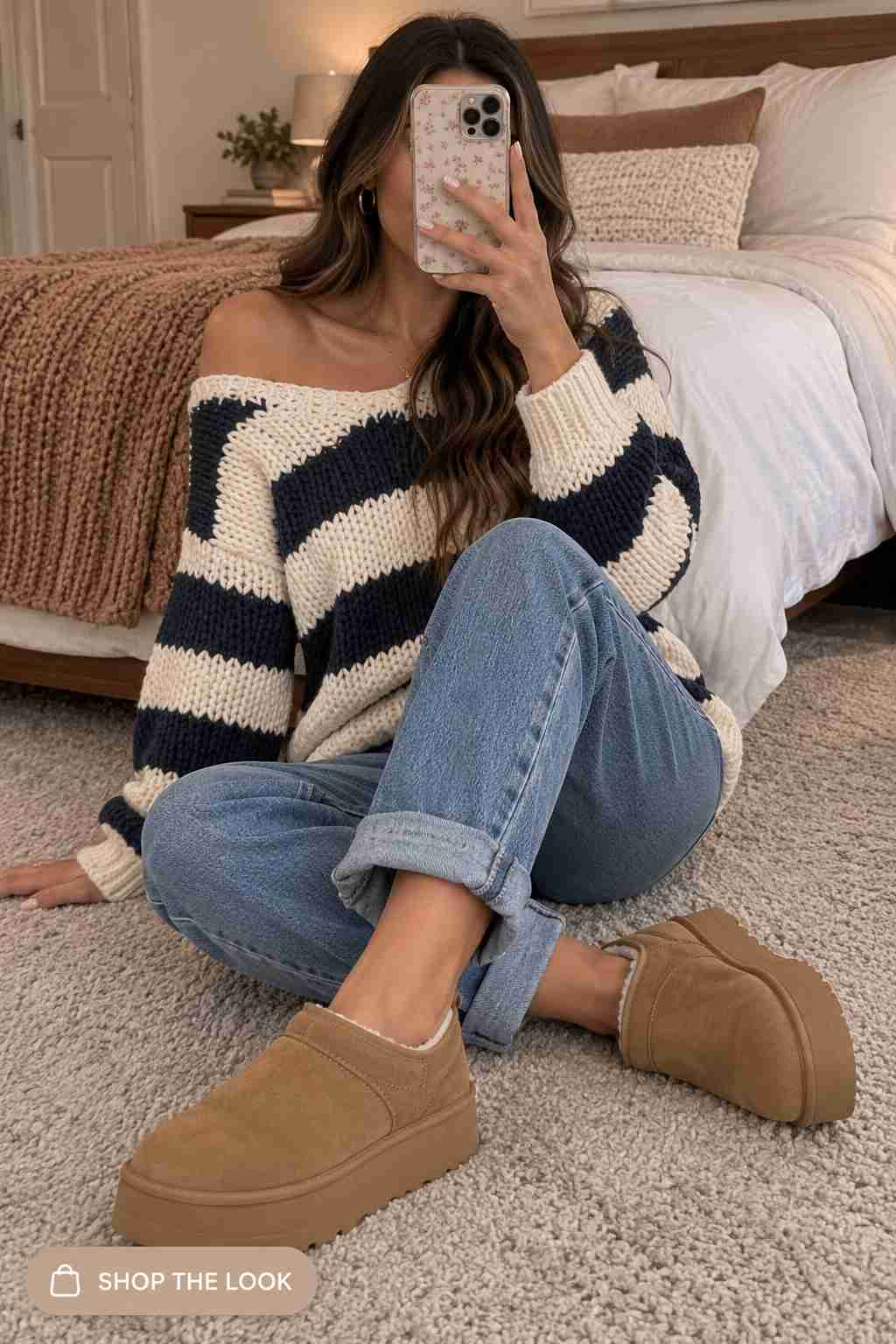 Navy and cream striped off-shoulder sweater with cuffed jeans and shearling boots