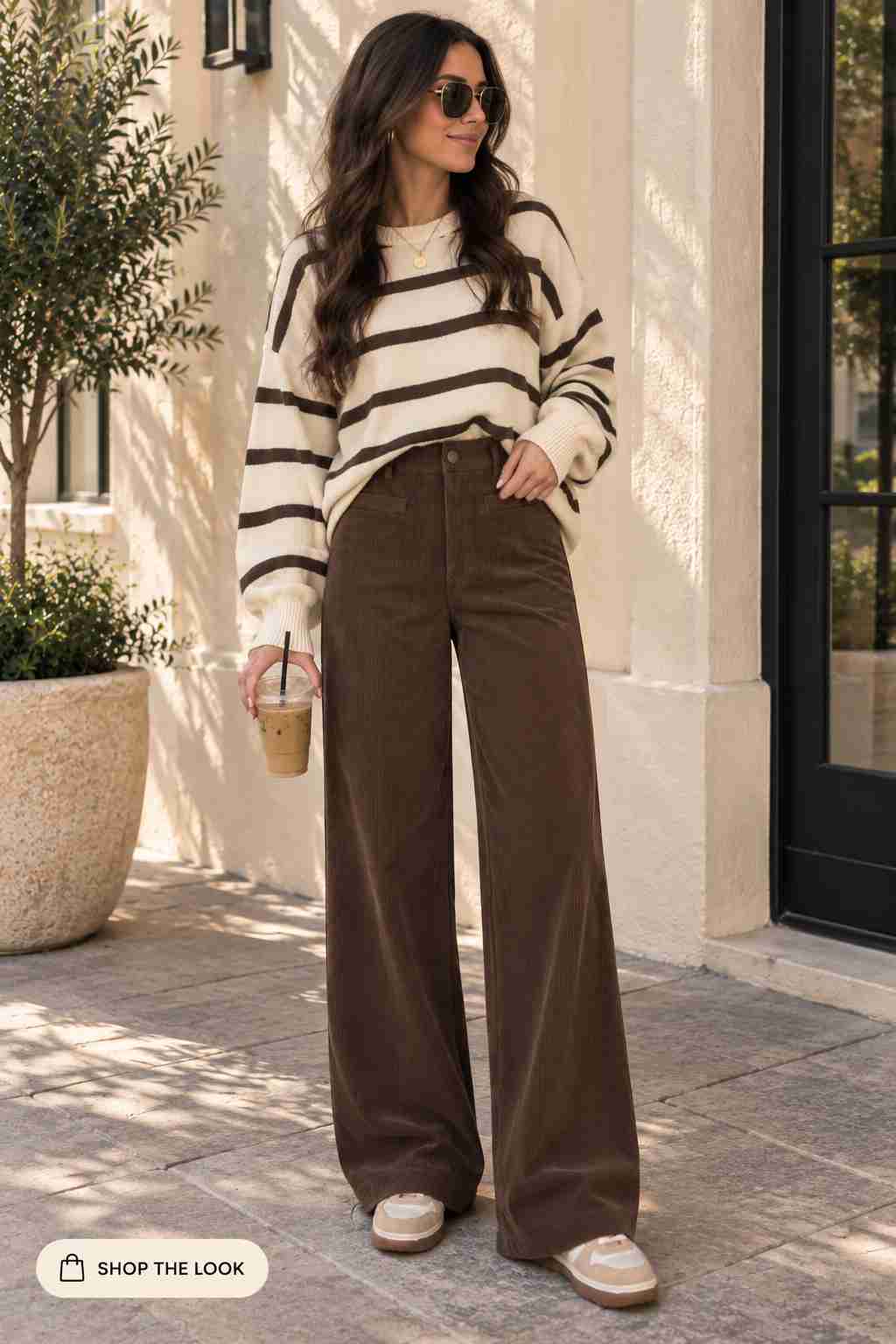 Woman in cream and chocolate striped sweater with deep brown corduroy pants