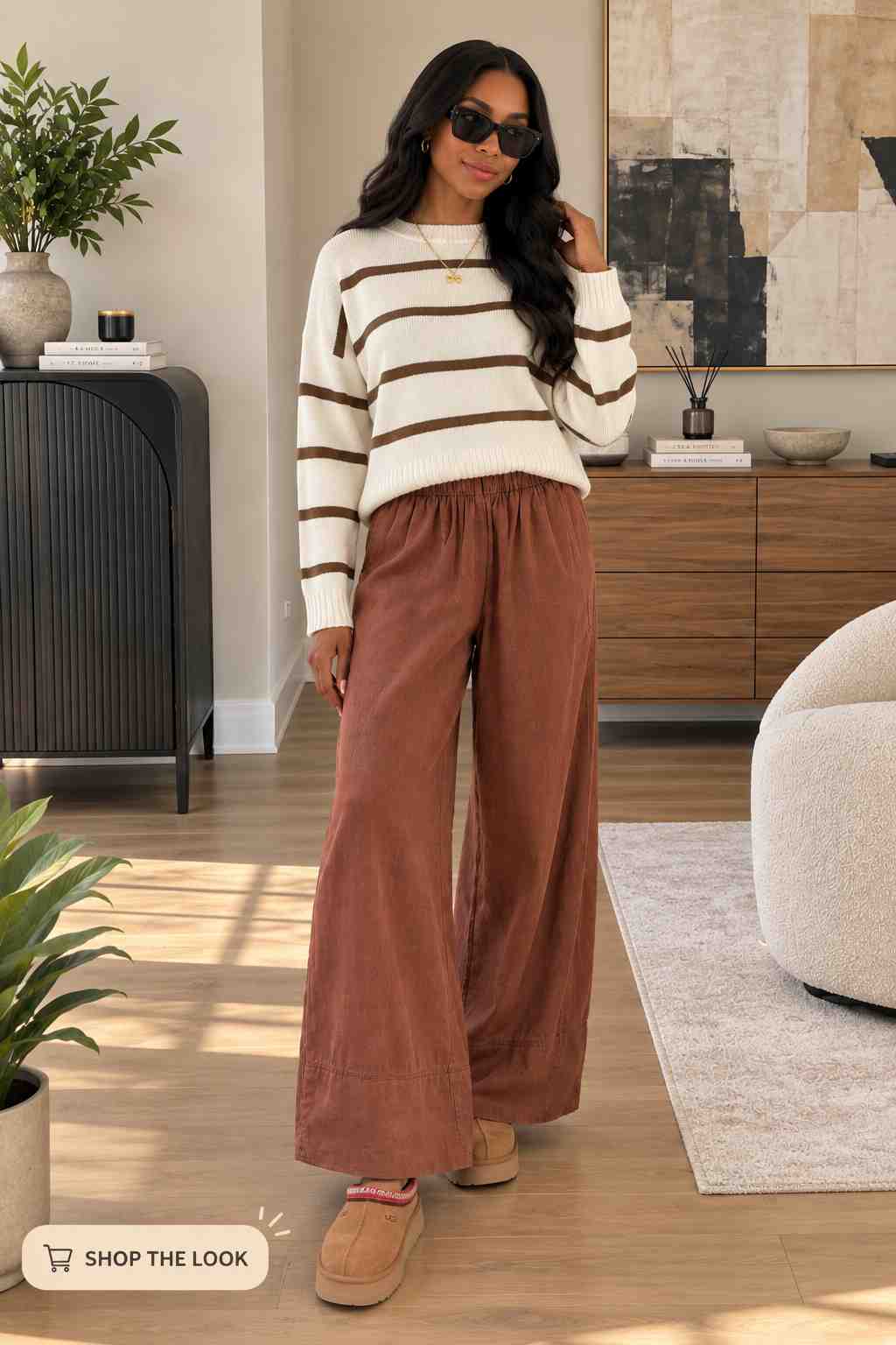 Cream and brown striped sweater with rust colored corduroy wide-leg pants