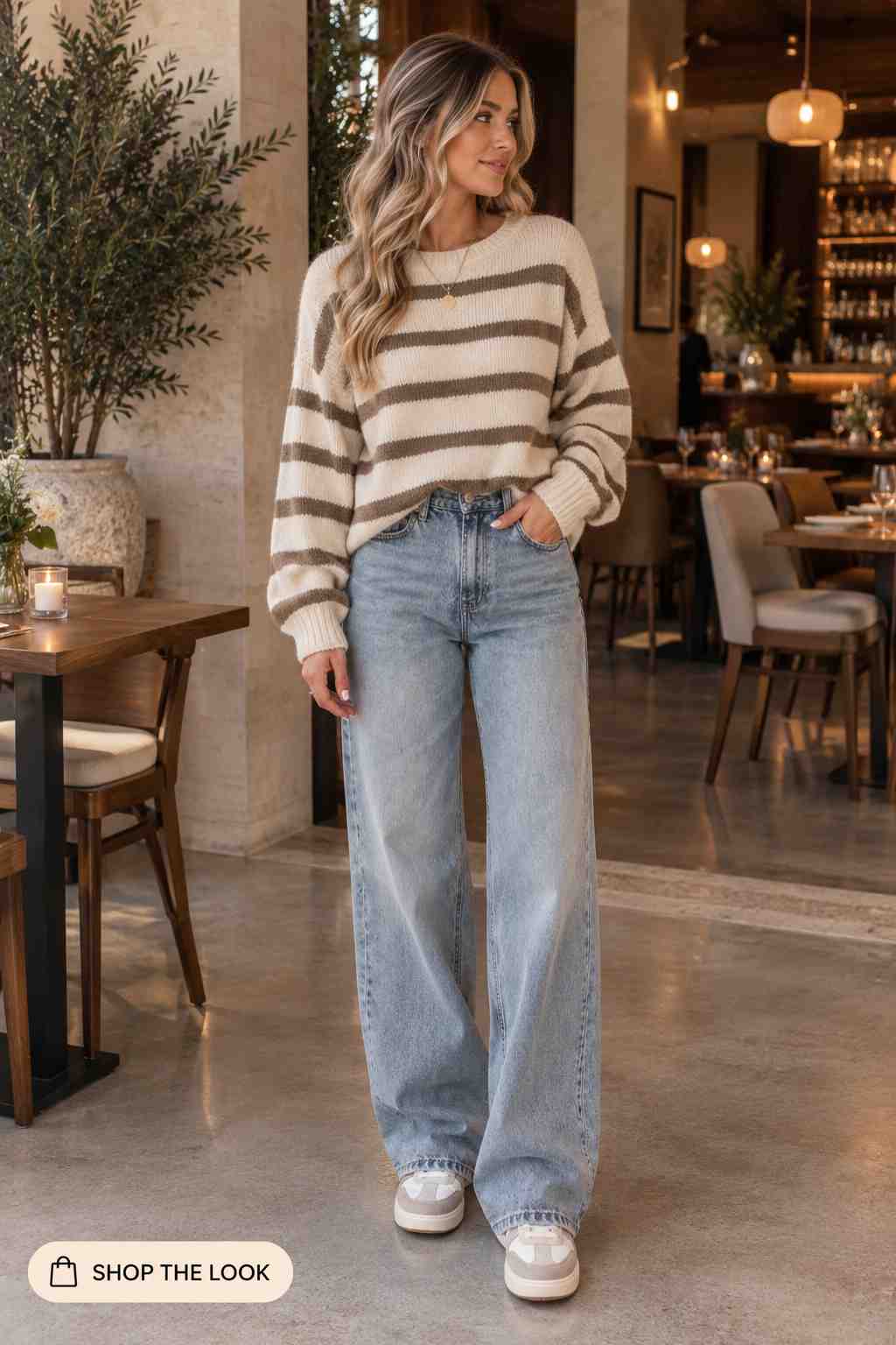 Woman in taupe striped sweater with light wash wide-leg jeans