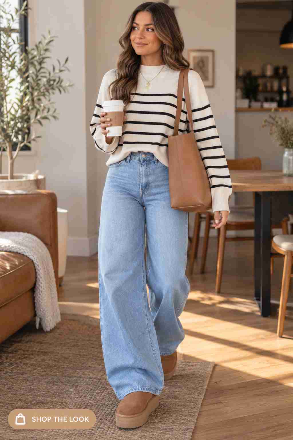 Black and cream striped sweater with wide-leg jeans and a camel tote bag