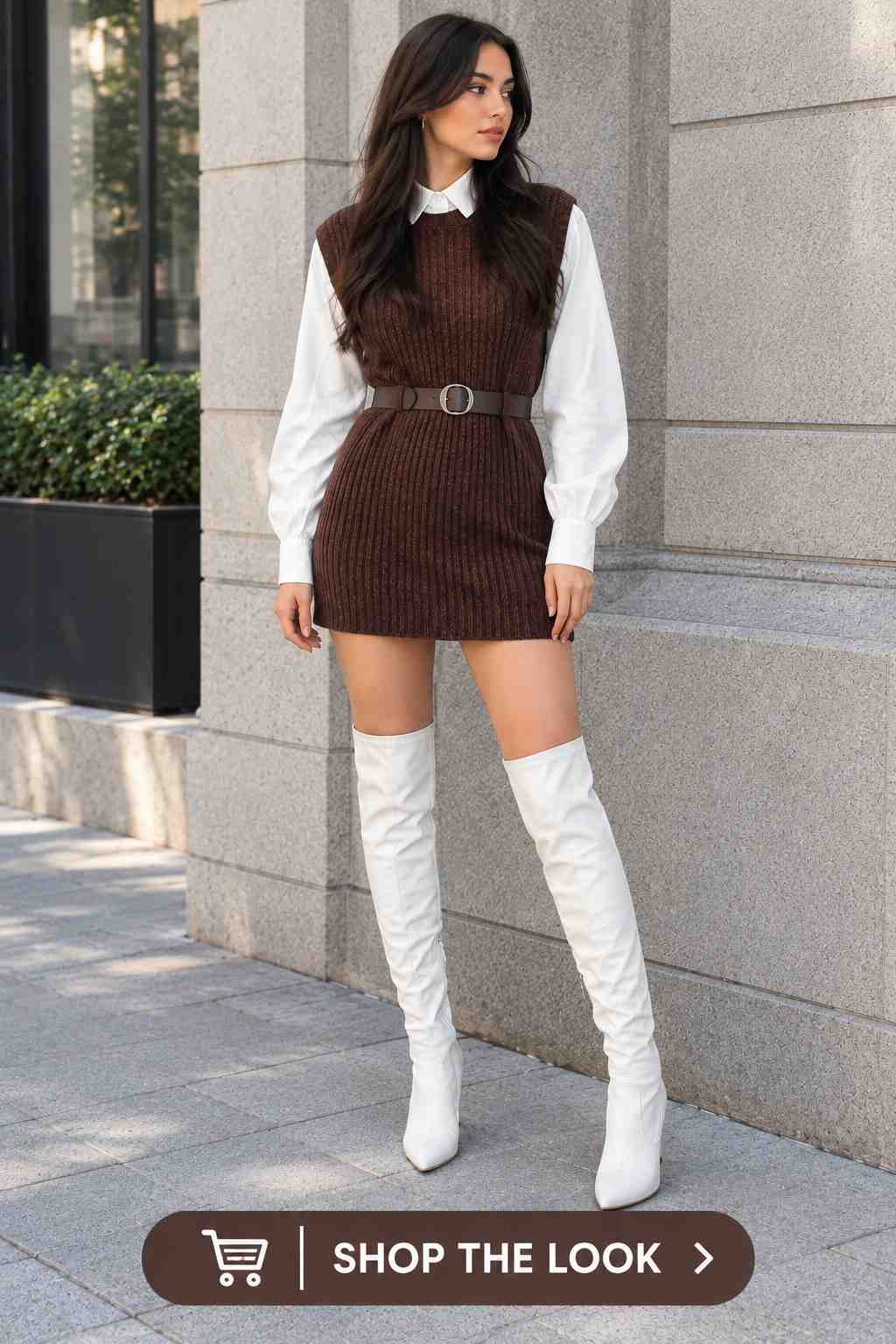 Woman in belted brown sweater vest dress with white over-the-knee boots