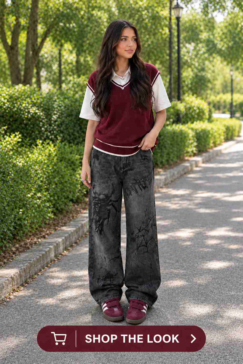 Woman in burgundy sweater vest with graphic print wide-leg jeans