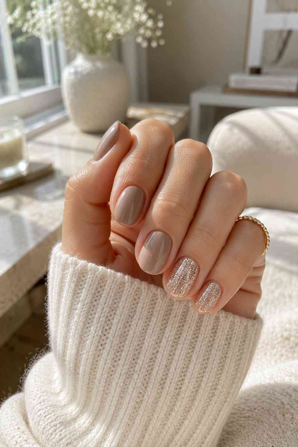 Taupe nails with fine champagne glitter accent nails