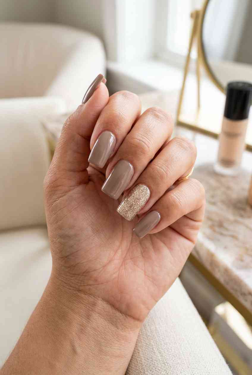 Square taupe nails with a single gold glitter accent nail