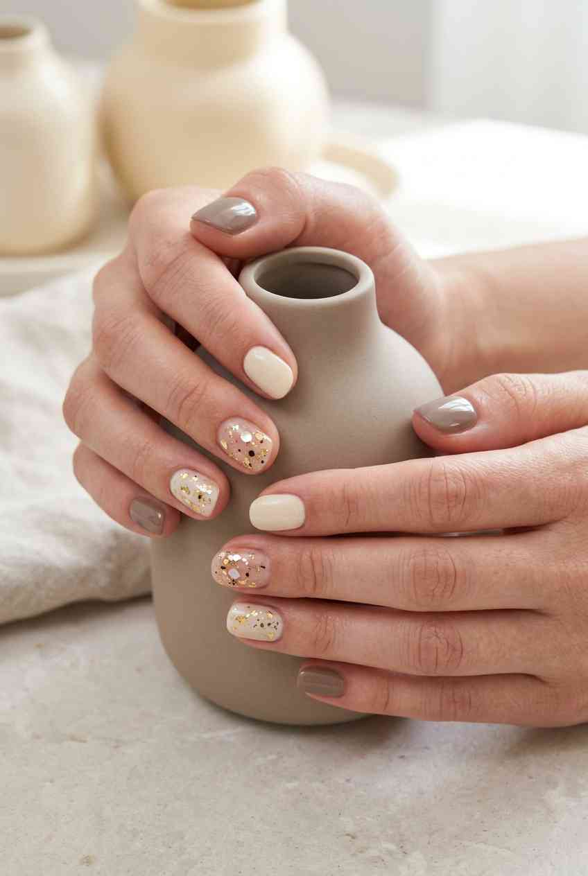 Taupe and ivory nails with gold and black confetti glitter accents