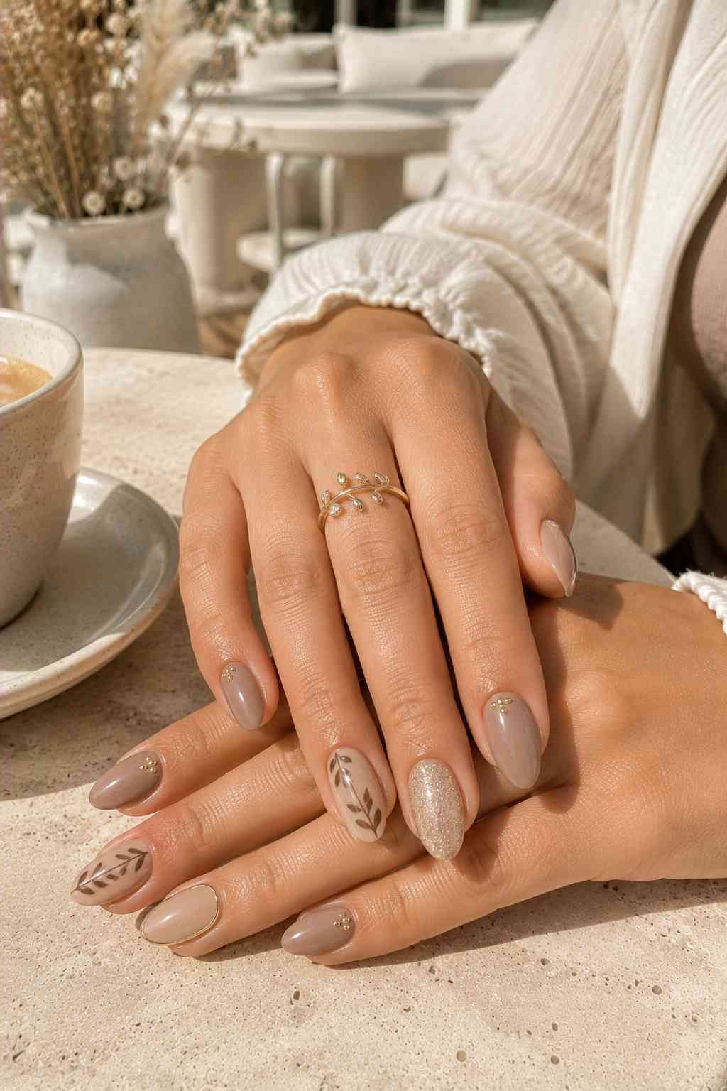 Taupe nails with gold bead detailing, leaf branch accent, and gold glitter nail
