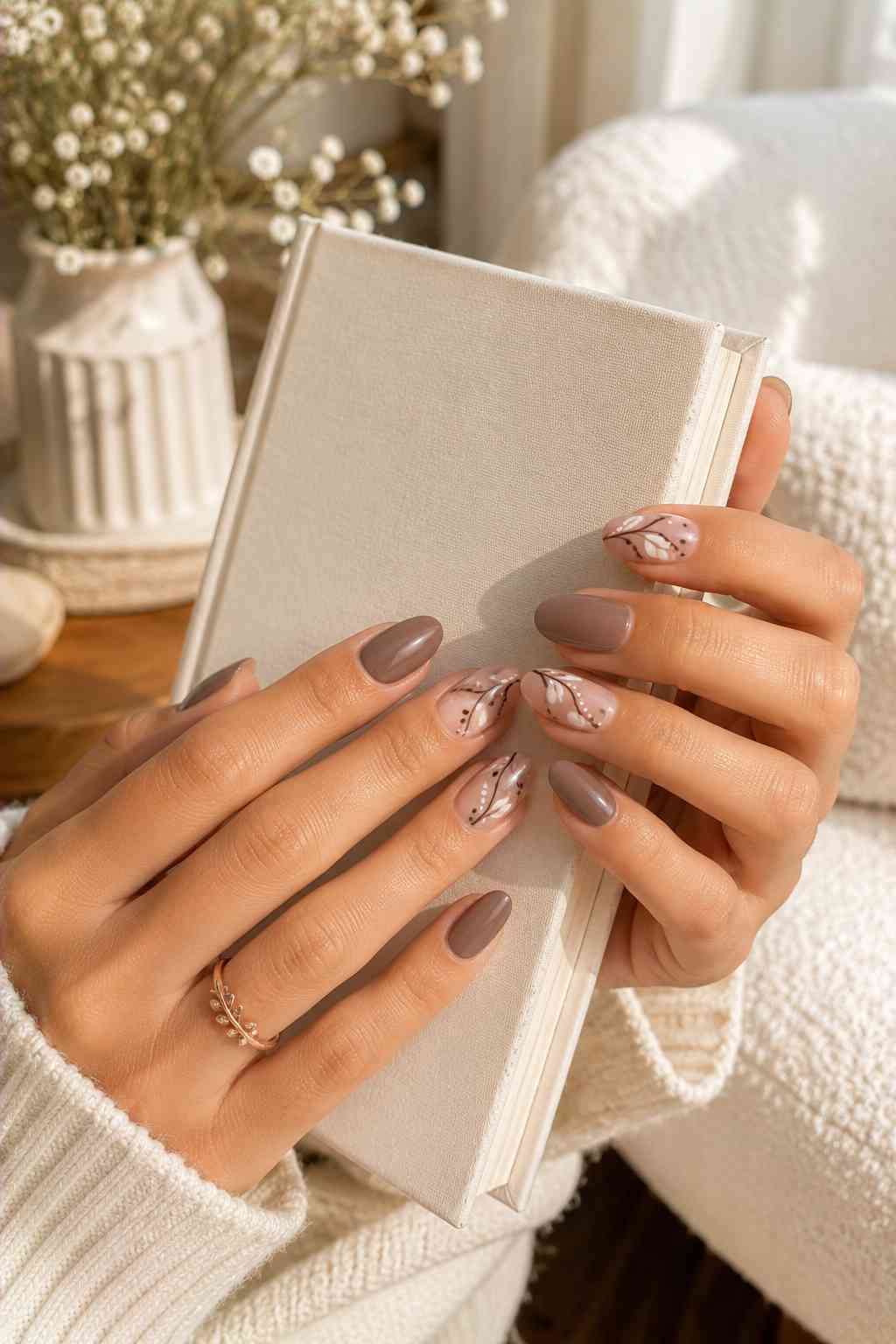 Taupe nails with sheer accent nails featuring hand-painted white leaf branch design