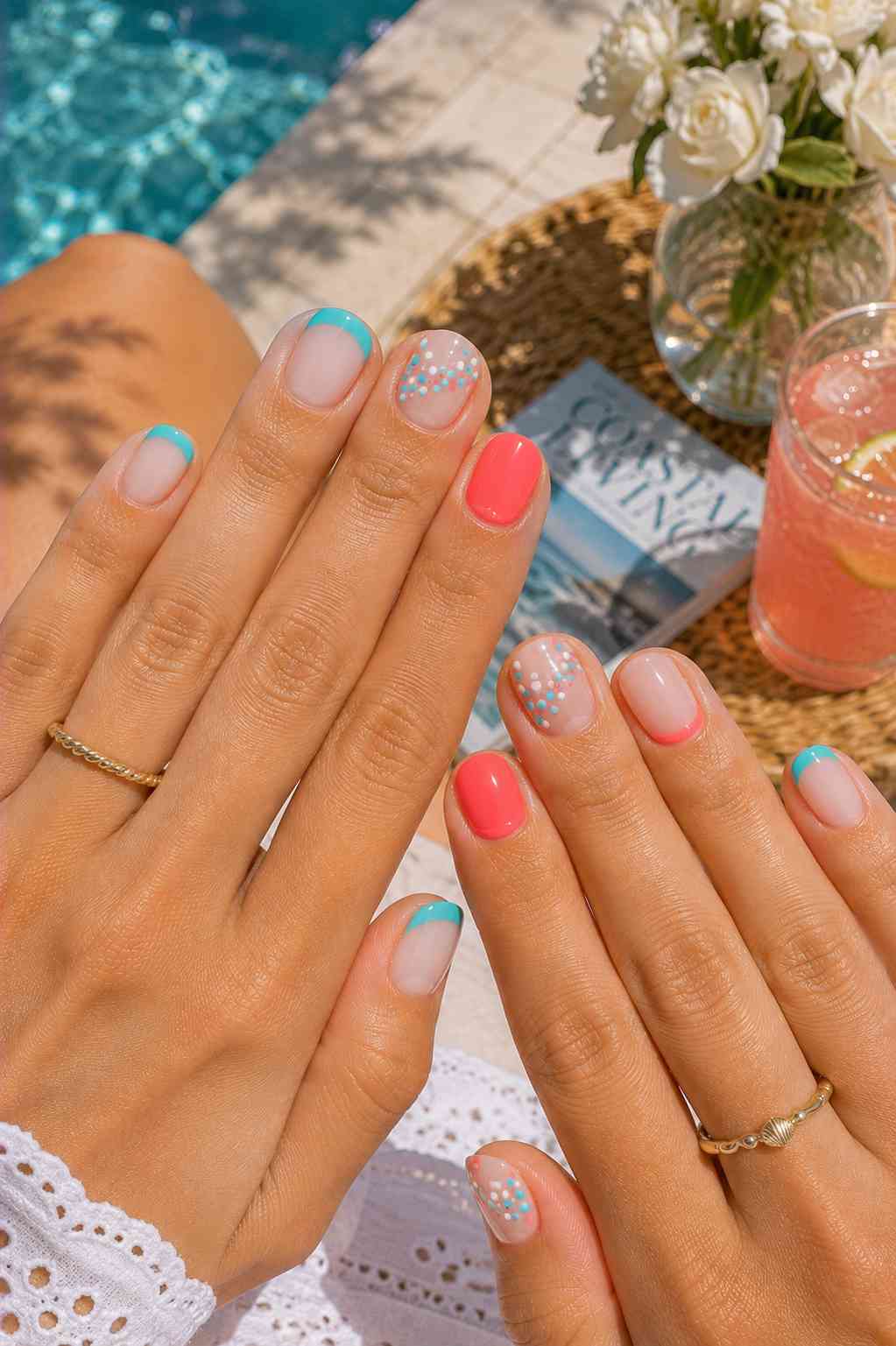 Sheer nude nails with turquoise French tips, coral solid nails, and confetti dot accents