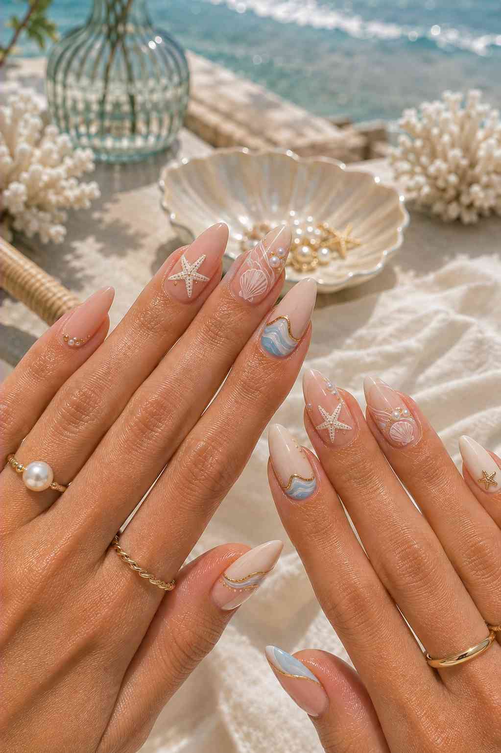 Sheer nude nails with a white starfish, sculpted shell, blue marbled wave art, and pearl and gold bead accents