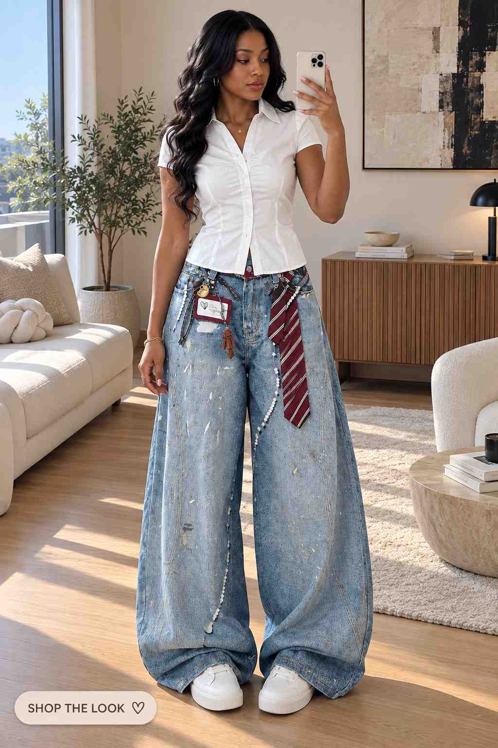 Fitted white button-up top with oversized decorated wide-leg denim jeans