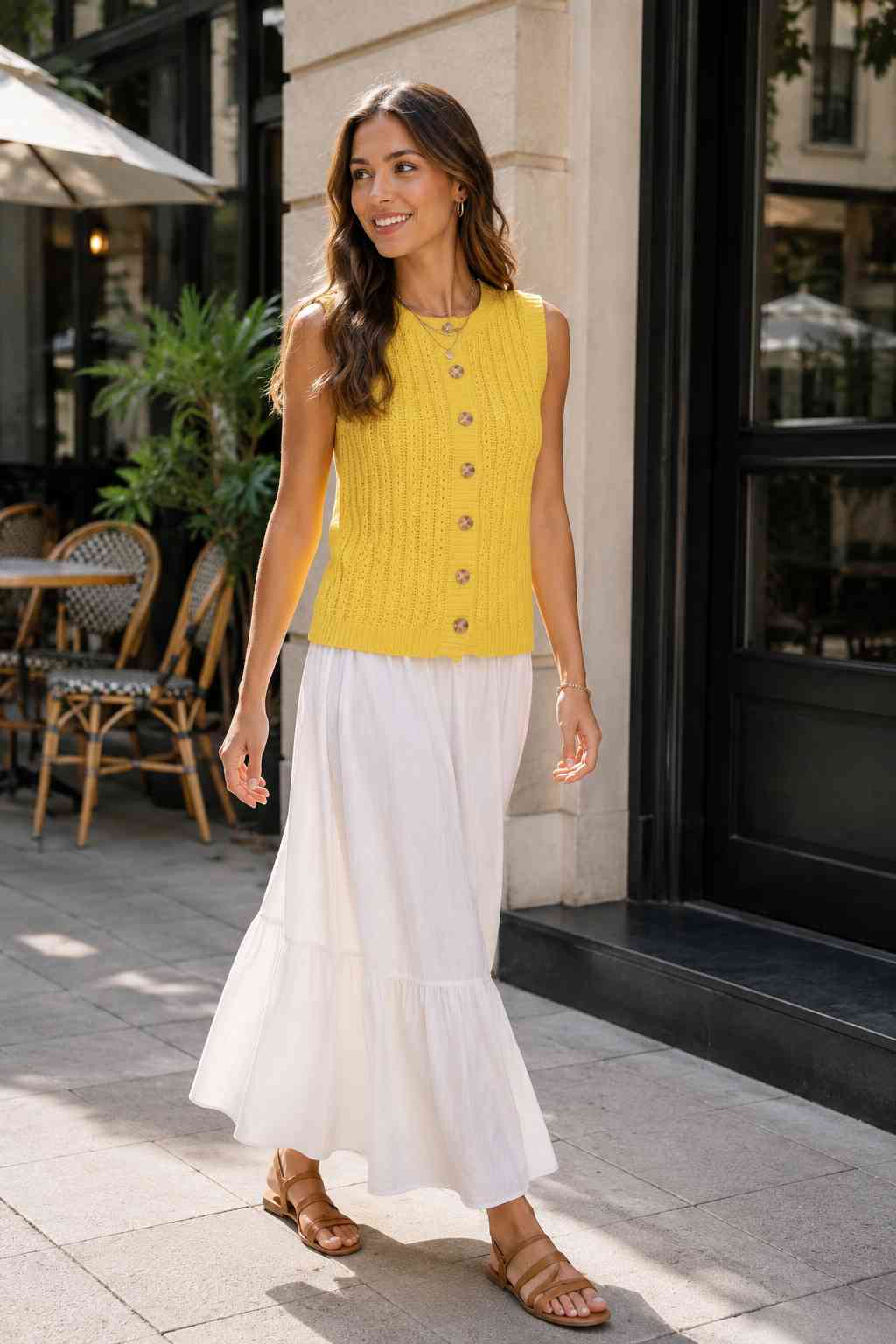 Yellow sleeveless button-front knit vest, styled with a white tiered maxi skirt